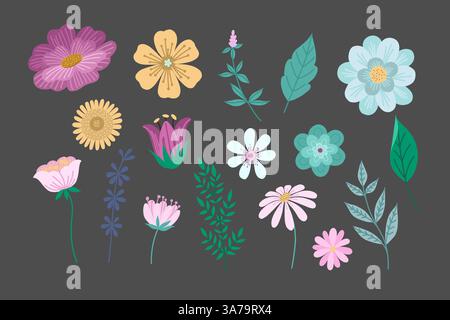 Collection de fleurs colorées, feuilles et herbes sont affichées sur un fond noir. Illustration vectorielle Illustration de Vecteur