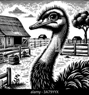 Portrait d'émeu à la ferme. Illustration détaillée de style gravure sur bois noir et blanc d'un émeu avec des bâtiments de ferme et un arbre en arrière-plan. Illustration de Vecteur