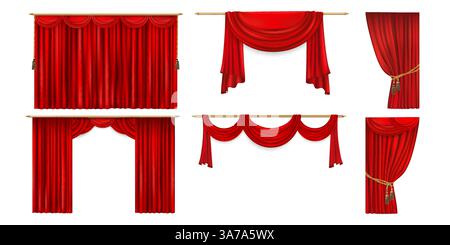 Rideaux rouges de scène de théâtre. Ensemble de vecteur 3D réaliste de luxueuses draperies arrière fermées, drapées et nouées avec des tiges d'or et des pompons. Tissu pour spectacles sur scène, cinéma, opéra et présentations dramatiques Illustration de Vecteur