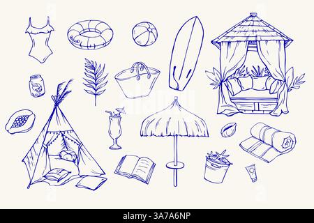 Ensemble de doodles de vacances à la plage bleu Illustration de Vecteur
