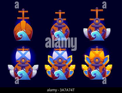 Badge de rang de jeu marin nautique, icônes de progression de médaille de niveau naval. Étapes de mise à niveau de vaisseau vectoriel de dessin animé. Le navire en bois évolue avec des ancres, des voiles, des boucliers et des éléments argentés ou dorés brillants Illustration de Vecteur