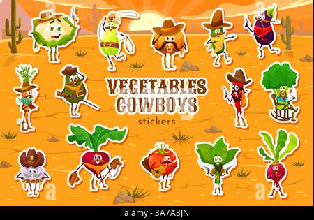 Paquet d'autocollants de personnages de cow-boy végétal de dessin animé, shérif et bandit. Des patchs WESTERN amusants et aventureux avec des personnages de légumes habillés en ranchers du Far West avec des chapeaux, des fusils, des lassos et des guitares Illustration de Vecteur