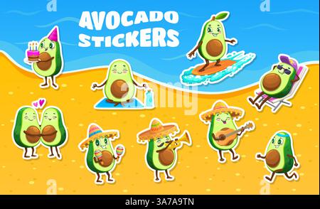 Pack d'autocollants personnages d'avocat de dessin animé. Ensemble vectoriel de patchs avec des avocats amusants profitant des activités de plage comme le surf, jouer de la musique, se détendre, méditer et célébrer avec sombrero et maracas Illustration de Vecteur