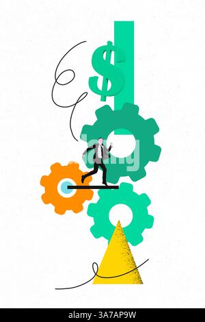 Poster tendance croquis de modèle de photo collage de jeune homme sans face courir mécanisme de roue dentée travailleur entrepreneur recrutement d'emploi dollars d'argent Banque D'Images