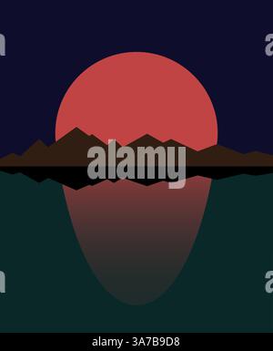 Soleil rouge ou lune avec océan et montagnes. Affiche de paysage colorée minimaliste. Panorama abstrait de l'art de la mer de nature. Illustration de Vecteur
