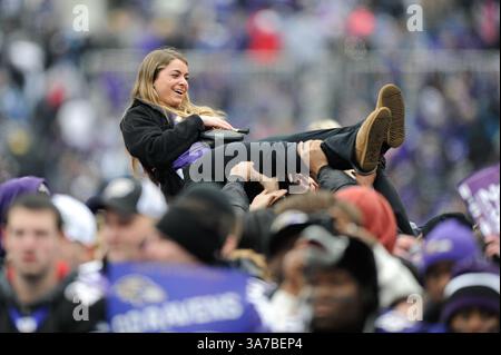 05 FÉVRIER 2013 : Une foule de fans des Ravens surfe pendant le défilé du Super Bowl XLVII des Ravens de Baltimore au M&T Bank Stadium de Baltimore, Maryland. (Crédit image : © John Middlebrook/Cal Sport Media/ZUMAPRESS.com) Banque D'Images