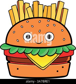Hamburger souriant mignon avec coiffure de frites et fromage dans un style de dessin animé amusant. Illustration de Vecteur