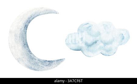 Set of Crescent blue Moon and Cloud. Hand drawn Watercolor illustration isolated on a white background. Baby design elements. For kids goods, prints Banque D'Images