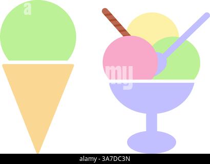 Pistache cône de crème glacée 3 diverses boules de crème glacée bâton de biscuits cuillère à dessert ensemble bol à crème glacée 2. Isolated Vector illustration World Ice Cream Day cartes thématiques, marque de magasin de bonbons pour enfants, étiquettes publicitaires Illustration de Vecteur