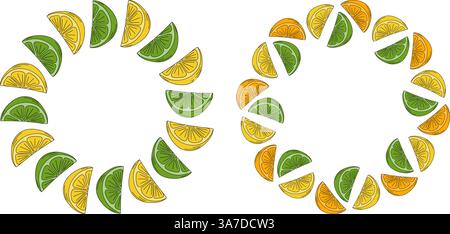 Citron vert citron orange tranches cercle cadre bordure minimaliste Pop Art Copier espace modèle concept Set 2. Illustration vectorielle isolée cartes thématiques, affiche, étiquette ou prospectus web promo, bannière, étiquette de prix Illustration de Vecteur