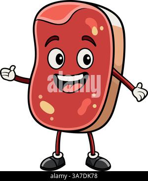 Personnage de steak de dessin animé souriant avec des bras et des jambes dans une illustration de nourriture drôle. Illustration de Vecteur