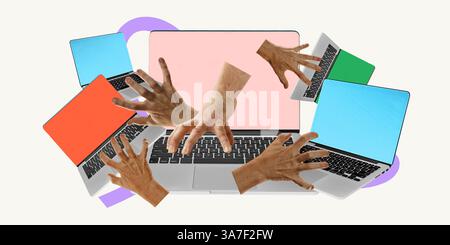 Création artistique conceptuelle. Plusieurs ordinateurs portables et mains dans le chaos de l'interaction illustrant une charge de travail élevée, la demande en ligne et le besoin d'automatisation. Banque D'Images