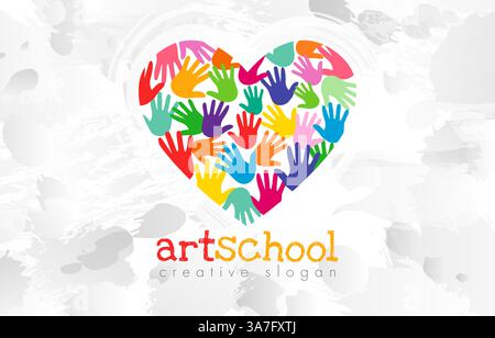 Mignon design de coeur coloré avec fond de paumes brillantes et masque de coupe isolé dans la texture aquarelle de style noir et blanc, école d'art éducative Illustration de Vecteur