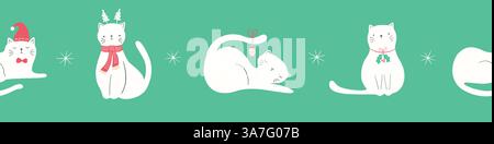 Chats animaux de compagnie festifs de Noël dans des chapeaux et des foulards, bordure de motif saisonnier animal mignon rouge et vert, illustration vectorielle. Illustration de Vecteur