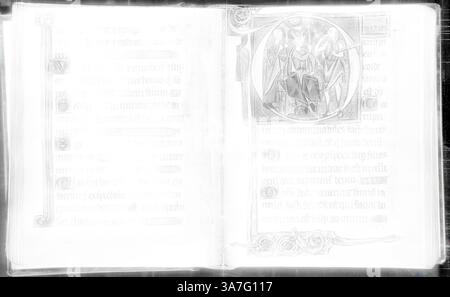 Un manuscrit ouvert présente des illustrations complexes et un texte orné, mettant en valeur l'art de l'écriture historique et de l'illumination. La page de gauche affiche un script élégant, tandis que la page de droite présente une illustration circulaire détaillée, représentant peut-être une figure ou une scène d'importance., Art classique avec une touche moderne réinventé par Artotop, Psautier, 1280/95 (reliure du 20ème siècle), belge (Gand ou Bruges), Belgique, manuscrit avec 214 folios, 17 miniatures, dix initiales historiées et deux miniatures pleine page, avec des bordures et des lettres initiales en tempéra et feuille d'or, pages Banque D'Images