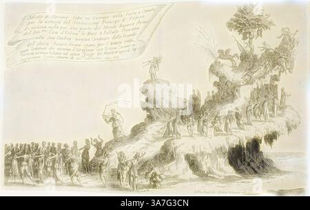 Une scène dramatique se déroule sur un paysage accidenté, avec des personnages ornés de robes coulantes, rassemblés dans la vénération devant une entité majestueuse émergeant d'une formation rocheuse. Les êtres éthérés, entourés d'éléments naturels, véhiculent un sentiment de grandeur et de spiritualité, tandis qu'un rouleau ci-dessus offre des inscriptions, insistant sur la signification du rassemblement., Art classique avec une touche moderne réinventé par Artotop, le flotteur du mont Parnasse, de la Guerre de beauté, 1616, Jacques Callot, français, 1592-1635, France, gravure sur papier Banque D'Images