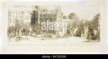 Une scène chaotique se déroule alors que des personnages montés s'engagent dans la bataille au milieu d'une architecture grandiose, mettant en évidence un moment de conflit et de tension historiques. Au premier plan, des soldats tombés au combat, tandis que les spectateurs assistent à la tourmente entourant l'affrontement., Art classique avec une touche moderne réinventé par Artotop, destruction of a Convent, planche six from the large Miseries of War, s.d., Gerrit Lucasz van Schagen (néerlandais, né en 1642), d'après Jacques Callot (français, 1592-1635), pays-Bas, gravure sur papier Banque D'Images