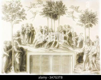 Une scène sereine représentant un rassemblement de personnages dans un cadre naturel, où une figure centrale éminente est entourée d'admirateurs. Les anges planent au-dessus, ajoutant un élément céleste à la composition, tandis que divers groupes d'individus s'engagent dans la conversation et la contemplation, mettant en valeur un mélange de grandeur et de tranquillité., Art classique avec une touche moderne réinventé par Artotop, Apollon sur Parnasse, 1517/20, Marcantonio Raimondi (italien, c. 1480-1534), après Raffaello Sanzio, dit Raphaël (italien, 1483-1520), Italie, gravure sur papier posé ivoire Banque D'Images