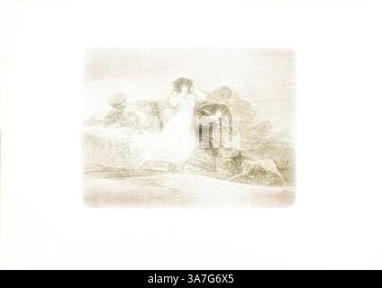 Une scène sereine mettant en scène une femme dans une robe fluide, flanquée de figures qui semblent engagées dans une interaction dynamique. L'arrière-plan suggère un contexte historique, peut-être un moment de tension ou de conflit, avec des expressions et des gestes véhiculant une gamme d'émotions., Art classique avec une touche moderne réinventé par Artotop, What is this hubbub ?, planche 65 from the Disasters of War, 1815/20, publié en 1863, Francisco José de Goya y Lucientes, Spanish, 1746-1828, Spain, Etching, aquatinte brunie et/ou lavis, burin et brunissage sur papier tissé ivoire avec bords dorés Banque D'Images