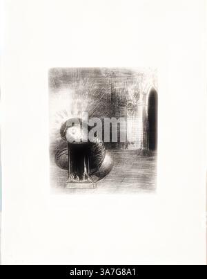 Un œil mystérieux émerge d’un espace sombre, entouré de lignes abstraites qui suggèrent mouvement et intensité, créant une atmosphère d’intrigue et de suspense. Le fond présente de faibles éléments architecturaux, ajoutant à l'énigmatique décor., Art classique avec une touche moderne réinventée par Artotop, Une longue Chrysalis, la couleur du sang, planche 2 de 6, 1889, Odilon Redon, français, 1840-1916, France, lithographie en noir sur papier de Chine ivoire posé sur papier tissé ivoire Banque D'Images