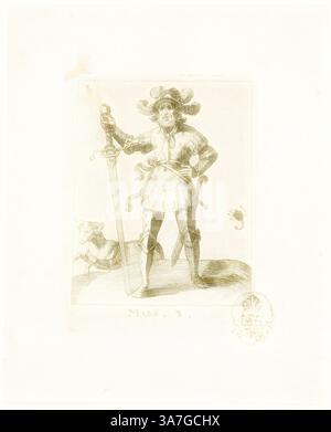 Un personnage historique vêtu d'une armure élaborée se tient confiant, tenant une épée dans une main tandis qu'un petit chien l'accompagne. La figure présente un chapeau à plumes et affiche un air d'autorité, entouré de motifs tourbillonnants qui améliorent la scène dynamique., Art classique avec une touche moderne réinventée par Artotop, mars, planche trois de Der VII Planeten, s.d., Conrad Meyer, Suisse, 1618-1689, Suisse, gravure en noir sur papier posé ivoire Banque D'Images