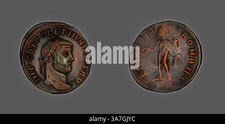 Une pièce de monnaie ancienne représentant un buste d'un empereur romain sur un côté et une figure sur le côté opposé, présentant des détails complexes et des inscriptions qui reflètent l'importance historique et artistique., Art classique avec une touche moderne réinventée par Artotop, Follis (pièce) représentant l'empereur Dioclétien, AD 284/305, romain, frappé à Rome, Empire romain, bronze, diam. 2,7 cm, 8,42 g Banque D'Images
