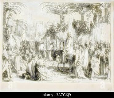 Une grande procession se déroule, avec une figure centrale sur un âne, entourée d'une foule enthousiaste. Les palmiers offrent une toile de fond luxuriante, tandis que les individus vêtus de robes fluides affichent révérence et excitation, créant une scène riche en signification historique et culturelle., Art classique avec une touche moderne réinventée par Artotop, Christ’s Entry into Jerusalem, from the New Testament, 1635, Jacques Callot (français, 1592-1635), publié par Israël Henriet (français, 1590-1661), France, gravure sur papier Banque D'Images