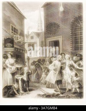 Une scène de rue animée remplie de personnages de divers horizons, y compris des vendeurs, des enfants et des personnages élégamment habillés. Le fond présente un mélange architectural de bâtiments, avec un clocher d'église visible au loin. L'atmosphère suggère une communauté vivante, avec des interactions reflétant la vie quotidienne et la culture de l'époque., Art classique avec une touche moderne réinventé par Artotop, midi, planche deux des quatre temps du jour, mai 1738, William Hogarth, anglais, 1697-1764, Angleterre, gravure et gravure en noir sur papier posé ivoire Banque D'Images