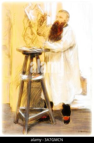 Un artiste barbu dans un long manteau blanc sculpte soigneusement un morceau d'argile debout à côté d'un tabouret en bois, soucieux de donner vie à sa création., Art classique avec une touche moderne réinventée par Artotop, Portrait du sculpteur Auguste Rodin dans son atelier, v. 1889, Jean François Raffaëlli, français, 1850-1924, France, aquarelle opaque sur crayon noir, avec fusain, pinceau et encre noire, et touches d'aquarelle translucide sur planche bronzée Banque D'Images
