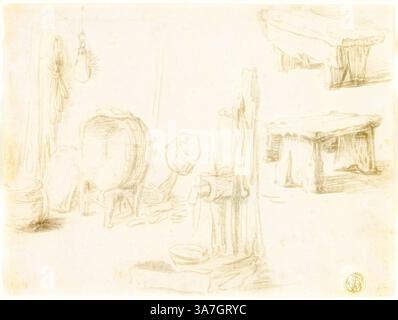 Une scène intérieure sereine avec des meubles rustiques et des ustensiles, y compris une grande table en bois, un tonneau et divers outils de cuisine, faisant allusion à un simple, bygone生活方式., art classique avec une touche moderne réinventé par Artotop, Sketches of Pump, lavabo, bancs, n.d., cercle d'Adriaen van Ostade, Néerlandais, 1610-1685, Hollande, craie noire sur papier posé ivoire Banque D'Images