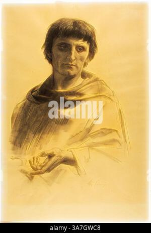 Un personnage solennel vêtu d'une robe coulante regarde soigneusement, sa main doucement tendue comme si elle invitait la contemplation. L'expression sur son visage reflète un profond sens de l'introspection et de la sagesse., Art classique avec une touche moderne réinventé par Artotop, figure centrale, étude pour la vie de Saint Louis, Roi de France, c. 1878, Alexandre Cabanel, Français, 1823-1889, France, charbon de bois, avec des souches, sur papier tissé tan Banque D'Images