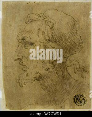 Un croquis détaillé d'un homme âgé, caractérisé par ses traits faciaux distincts, y compris un nez proéminent, des yeux profonds et une barbe fluide. Ses cheveux sont coiffés en arrière, et il montre une expression réfléchie, véhiculant un sens de sagesse et d'expérience. Des éléments d'ombrage soulignent les contours de son visage, ajoutant de la profondeur à l'étude., Art classique avec une touche moderne réinventé par Artotop, tête masculine en profil, s.d., attribué à Baldassare Peruzzi, Italien, 1481-1536, Italie, stylo et encre brune sur traces de graphite, sur papier posé sur papier posé sur ivoire Banque D'Images