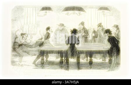 Un groupe d'hommes élégamment habillés se rassemblent autour d'une table de billard, intensément concentrés sur le jeu. Un joueur exécute un tir, tandis que d'autres regardent avec un mélange d'anticipation et d'excitation, dégageant une atmosphère légère mais compétitive. Le cadre est orné de suspensions, ajoutant à l’ambiance animée., Art classique avec une touche moderne réinventé par Artotop, April, The Finishing Touch from George Cruikshank’s Steel gravchings to the Comic Almanacks : 1835-1853, 1840, imprimé c. 1880, George Cruikshank (anglais, 1792-1878), Edité par Pickering & Chatto (anglais, 19ème siècle), England, S Banque D'Images