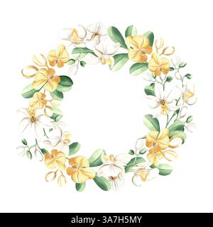 Fleurs d'orchidée blanches et jaunes sur la branche avec des feuilles et des bourgeons aquarelle illustration isolée de couronne. Cadre rond de plantes tropicales en fleurs Banque D'Images