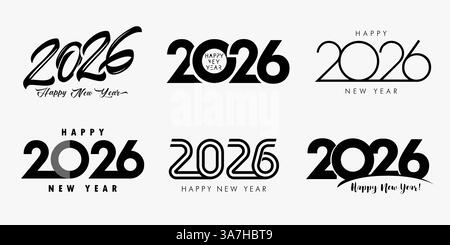 Grand ensemble de 2026 Happy New Year Black logo texte design. Bonne année 2026 icônes vectorielles pour la conception de carte de voeux ou de couverture de calendrier Illustration de Vecteur