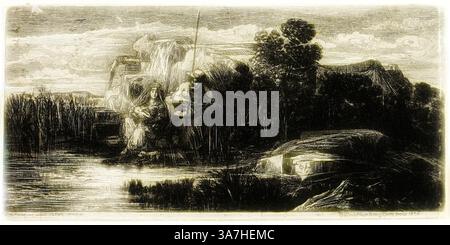 Deux personnages sont assis tranquillement au bord d'une voie navigable sereine, entourés de hautes herbes et de douces collines en arrière-plan. Un personnage tient une canne à pêche, tandis que l'autre semble être engagé dans une activité, créant une atmosphère calme et réfléchie dans la nature. Le ciel au-dessus est rempli de nuages tourbillonnants, ajoutant une sensation de mouvement à la scène tranquille., Art classique avec une touche moderne réinventé par Artotop, la Sainte famille avec le pôle, 1858, Rodolphe Bresdin, Français, 1825-1885, France, gravure sur papier tissé gris Banque D'Images
