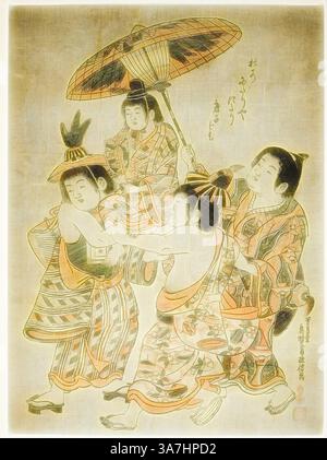 Une scène animée représentant quatre individus en tenue traditionnelle, engagés dans une danse ludique sous un grand parapluie décoratif. Leurs vêtements colorés et leurs expressions joyeuses capturent l'esprit de célébration et le patrimoine culturel. Les détails complexes et les motifs améliorent la richesse visuelle de leurs vêtements, tandis qu'un fond doux et fluide ajoute à l'atmosphère générale de festivité., Art classique avec une touche moderne réinventé par Artotop, Boys se déguisant en chinois, c. 1748, Okumura Masanobu, japonais, 1686-1764, Japon, imprimé Woodblock, oban benizuri-e avec gaufrage Banque D'Images