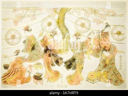 Une représentation vibrante de personnages élégamment habillés engagés dans une danse japonaise traditionnelle, entourés de décorations florales et de motifs complexes. L'atmosphère est festive, rehaussée par les couleurs rayonnantes et l'art délicat, mettant en valeur les éléments culturels et la célébration., Art classique avec une touche moderne réinventée par Artotop, The Harugoma Dance, c. 1764, Torii Kiyomitsu I, japonais, 1735-1785, Japon, impression sur bois couleur, o-oban yoko-e, benizuri-e. Banque D'Images