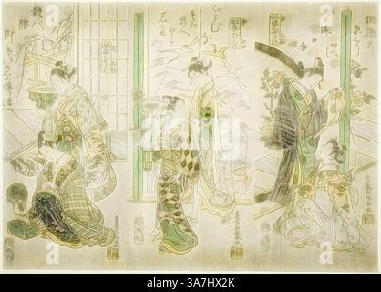 Une scène sereine représentant des personnages élégamment habillés en tenue traditionnelle, entrelacés avec des éléments de la nature. Les personnages se livrent à diverses activités, sur fond de motifs floraux délicats et de détails architecturaux, incarnant un sentiment de grâce et de richesse culturelle., Art classique avec une touche moderne réinventé par Artotop, Un triptyque de No Plays à la mode (Furyu Utai Sambukutsui), c. fin des années 1750, Miyagawa Shunsui, japonais, actif des années 1740 au début des années 1760, Editeur : Tsuruya Kiemon of Ödemma-cho san-chome, Japon, impression sur bois couleur, benizuri hosoban, triptyque (non coupé) Banque D'Images