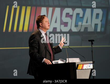 22 janvier 2013 - Charlotte, NC, USA - le PDG américain et Président de NASCAR Brian France s'adresse aux médias lors de l'arrêt Sprint NASCAR Media Tour au NASCAR Hall of Fame à Charlotte, Caroline du Nord, mardi 22 janvier 2013. (Crédit image : © Jeff Siner/MCT/ZUMAPRESS.com) Banque D'Images