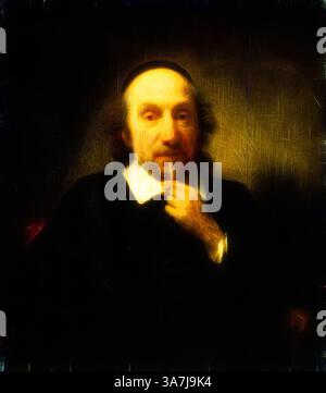 Une figure contemplative apparaît réfléchie reposant un doigt sur son menton, vêtue d'une tenue traditionnelle avec un jeu subtil de lumière illuminant son visage, dégageant un sens de sagesse et d'introspection. L'arrière-plan est sombre, mettant l'accent sur ses traits expressifs., Art classique avec une touche moderne réinventée par Artotop, Portrait d'un homme, 1650/60, attribué à Nicolaes Maes, néerlandais, 1634-1693, Hollande, huile sur panneau Banque D'Images