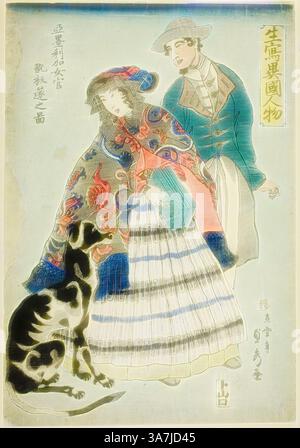 Un homme et une femme vêtus d'une tenue traditionnelle se tiennent ensemble, présentant des motifs complexes et des couleurs éclatantes. La femme, ornée d'une cape fluide et d'une jupe longue, regarde l'homme, qui porte un manteau élégant et un chapeau. Un chien noir est assis à leurs pieds, ajoutant une touche de charme à la scène. Les éléments décoratifs en arrière-plan font allusion à l'importance culturelle., Art classique avec une touche moderne réinventé par Artotop, femme américaine jouant un accordéon (Amerika nyokan akodeon WO hiku no zu), de la série étrangers tirés de la vie (Ikiutsushi ikoku jinbutsu), 1860, Utagawa Sadahide, japonais, 1807-18 Banque D'Images