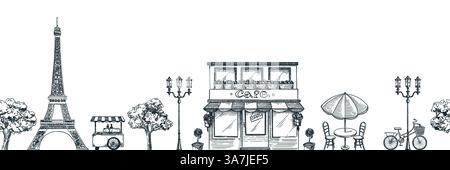 Fond horizontal sans couture de rue de la vieille ville de Paris. Illustration vectorielle de croquis de café, magasin ou bâtiment de boulangerie, table avec parapluie, arbres, Eiffel Illustration de Vecteur