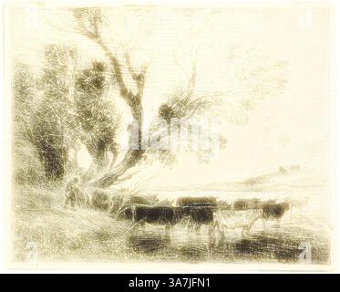 Une scène pastorale représentant un paysage serein avec un troupeau de vaches qui paissent près d'un arbre, tandis qu'une figure marche à leurs côtés, suggérant un lien avec la nature et la vie rurale., Art classique avec une touche moderne réinventé par Artotop, le Ford, 1862, Charles François Daubigny, Français, 1817-1878, France, cliché-verre sur papier photographique ivoire Banque D'Images