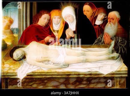 Une scène sombre représentant un groupe de personnages rassemblés autour du corps sans vie du Christ, qui repose sur une table de pierre. Les expressions du chagrin et de la révérence sont palpables, avec certaines figures serrant leurs mains dans la prière tandis que d'autres regardent avec des visages douloureux. Le cadre environnant suggère un moment de deuil et de réflexion., Art classique avec une touche moderne réinventé par Artotop, Entombment, 1500/05, Allemand (Cologne ?), Paris, tempera sur panneau Banque D'Images
