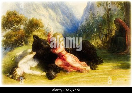 Une scène sereine dépeint une interaction douce entre une fille dans une robe rose fluide et un ours ludique, tandis qu'une autre fille se trouve sur le sol à proximité. La toile de fond présente des montagnes majestueuses et des arbres luxuriants, créant une atmosphère tranquille remplie de charme fantaisiste., Art classique avec une touche moderne réinventé par Artotop, Blanche-neige et Rouge Rose, s.d., Richard Doyle, Anglais, 1824-1883, Angleterre, aquarelle sur graphite sur papier tissé ivoire, posé sur carte Banque D'Images