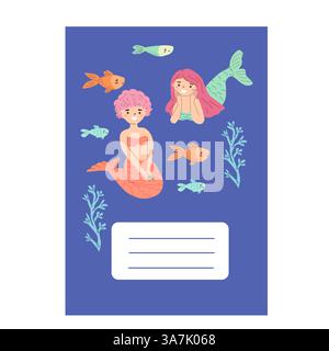 Sirènes de dessin animé colorées avec des poissons et des algues sur fond bleu. Illustration de Vecteur