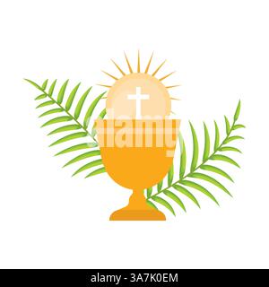 Calice doré avec hôte Eucharistique et symbole de croix avec feuilles de palmier — concept de sacrement religieux Illustration de Vecteur