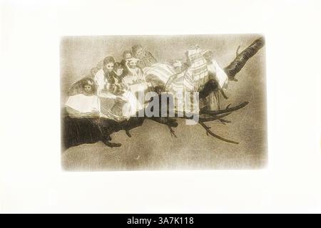Un groupe de personnages est représenté assis sur une grande branche torsadée, vêtu d'une tenue élaborée. Le décor évoque un sentiment de nostalgie ou un conte fantastique, avec leurs expressions allant du serein au contemplatif. La branche, avec sa texture robuste, contraste avec la douceur de leurs vêtements, créant une scène harmonieuse mais intrigante., Art classique avec une touche moderne réinventée par Artotop, aller parmi les branches, c’est-à-dire parler à travers son chapeau, plaque trois de Los Proverbios, 1815/24, Francisco José de Goya y Lucientes, espagnol, 1746-1828, Espagne, gravure, aquatinte et point sec Banque D'Images