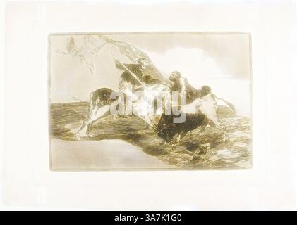 Une scène dramatique représente un groupe de personnages manoeuvrant dans des eaux tumultueuses, avec de puissantes vagues s'écrasant autour d'eux. Les personnages sont engagés dans une lutte, mettant en valeur une interaction dynamique entre l'homme et la nature, mise en évidence par des contrastes de texture et de mouvement., Art classique avec une touche moderne réinventée par Artotop, la façon dont les anciens Espagnols chassaient les taureaux à cheval dans le pays ouvert, planche un de l'Art de la tauromachie, 1814/16, Francisco José de Goya y Lucientes, espagnol, 1746-1828, Espagne, gravure, aquatinte brunie et point sec sur papier posé ivoire Banque D'Images